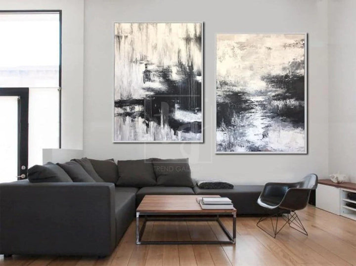 Contemporary Art Painting 2 Piece Oversized Wall Art Canvas Black And White Painting Snow Break | FALLEN SNOW - trendgallery.ca