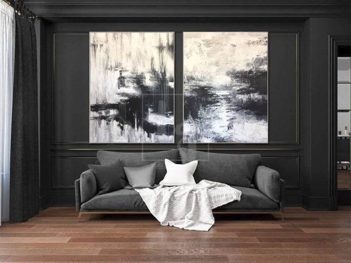 Contemporary Art Painting 2 Piece Oversized Wall Art Canvas Black And White Painting Snow Break | FALLEN SNOW - trendgallery.ca