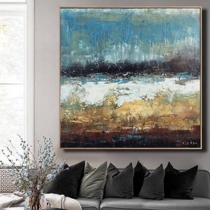 Large Oil Painting Original Canvas Brown Painting Blue Abstract Painting | POURING RAIN - trendgallery.ca