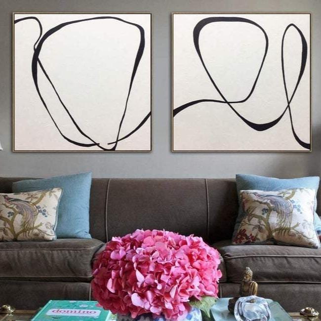 Large Oversize Painting On Canvas Black And White Art Set Of 2 Original Wall Decor | TAPES