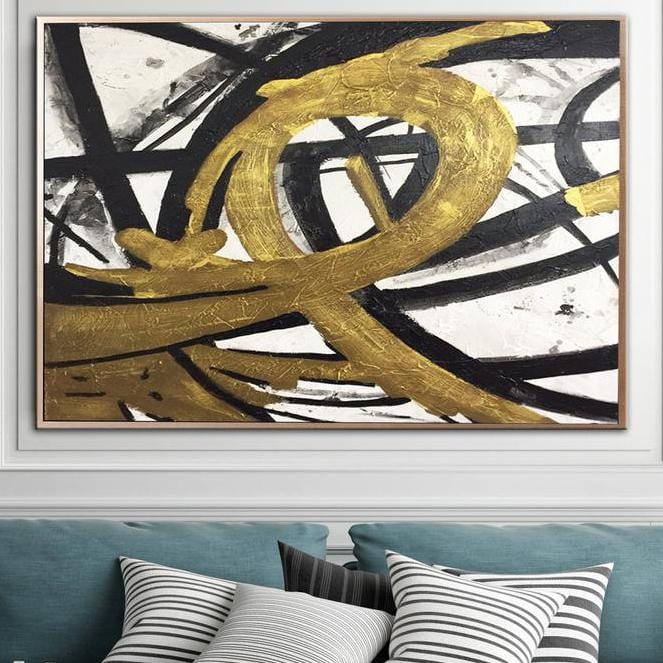 Large Abstract Canvas Gold Painting Black Painting White Abstract Painting | LOOP OF INFINITY
