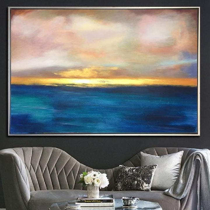 Sunset Painting Abstract Blue Ocean Wall Art Gold Horizon Fine Art Large Ocean Thick Paint Unique | SUMMER SUNSET - trendgallery.ca