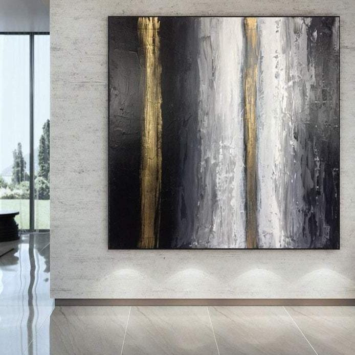 Black and White Artworks on Canvas Gray Modern Painting Gold Leaf Art Oversized Painting Minimalist Wall Art Decor Canvas Painting | GOLD ROAD - trendgallery.ca