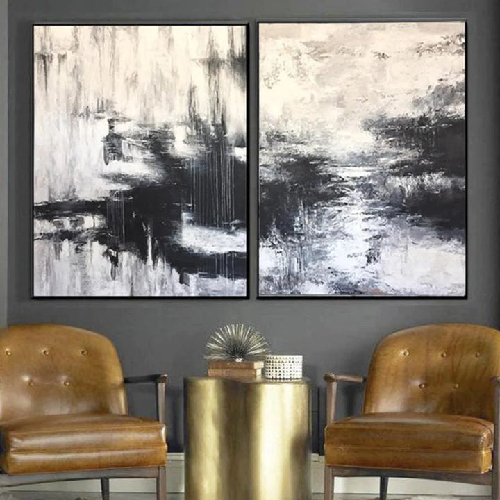 Contemporary Art Painting 2 Piece Oversized Wall Art Canvas Black And White Painting Snow Break | FALLEN SNOW - trendgallery.ca
