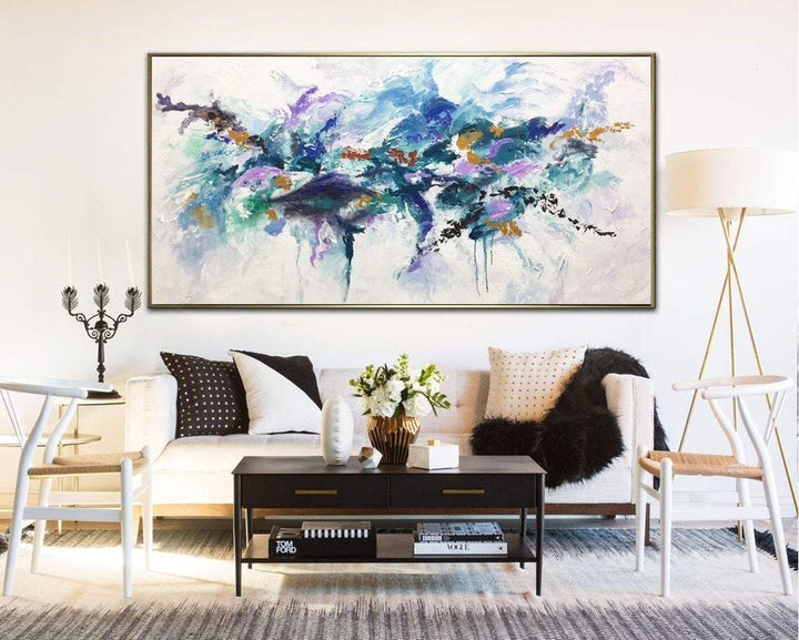 Large Contemporary Art Colorful Painting White Wall Art Blue Abstract Painting | MARINE FAUNA
