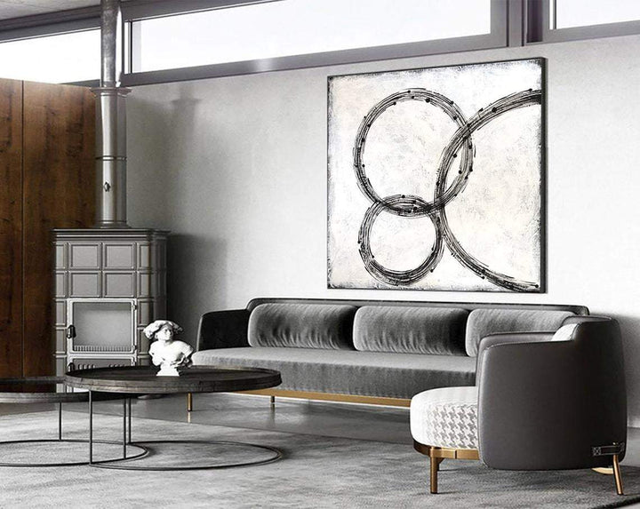 Large Original Art Painting Black And White Wall Art Canvas Circles Painting Abstract Black White | RECURSIVE TUNE - trendgallery.ca