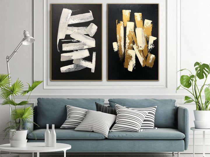 Black Fine Art On Canvas Modern Wall Art Set Of 2 Paintings Gold and White | BREATHING - trendgallery.ca