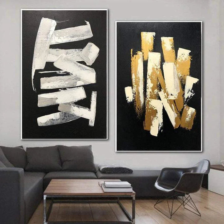 Black Fine Art On Canvas Modern Wall Art Set Of 2 Paintings Gold and White | BREATHING - trendgallery.ca