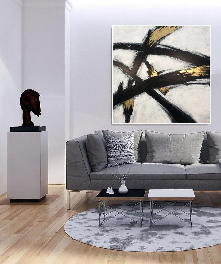 Large Original Oil Paintings On Canvas Black And White Franz Kline style Gold Leaf Fine Art Modern Wall Art | BLACK GLARE - trendgallery.ca