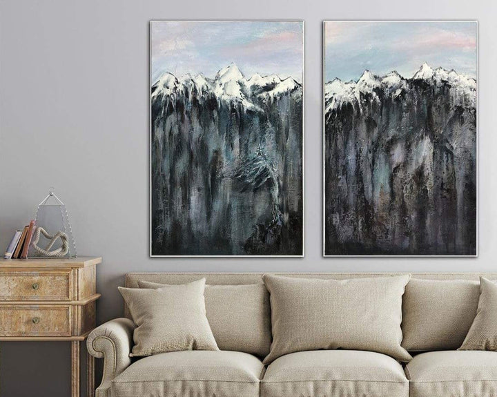 Large Original Abstract Set Of 2 Oil Gray Paintings On Canvas Mountains Fine Art Contemporary Wall Art | MOUNTAINS - trendgallery.ca