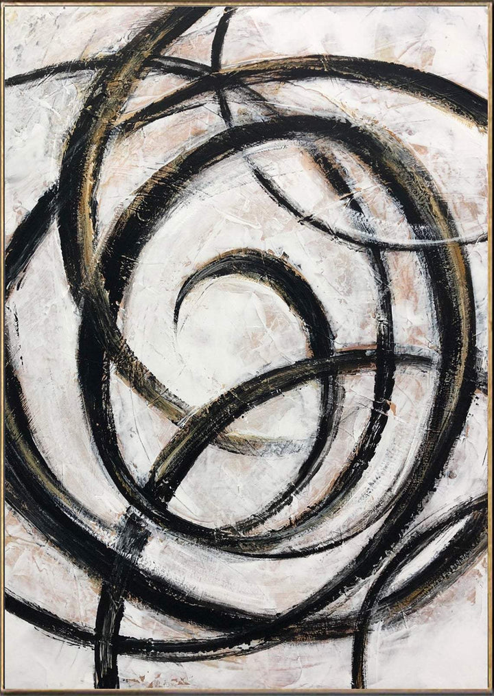 Curved lines minimalist original oil painting on canvas: abstract modern art in black, white, beige, brown for home and office wall decor | LIFE CYCLE - trendgallery.ca