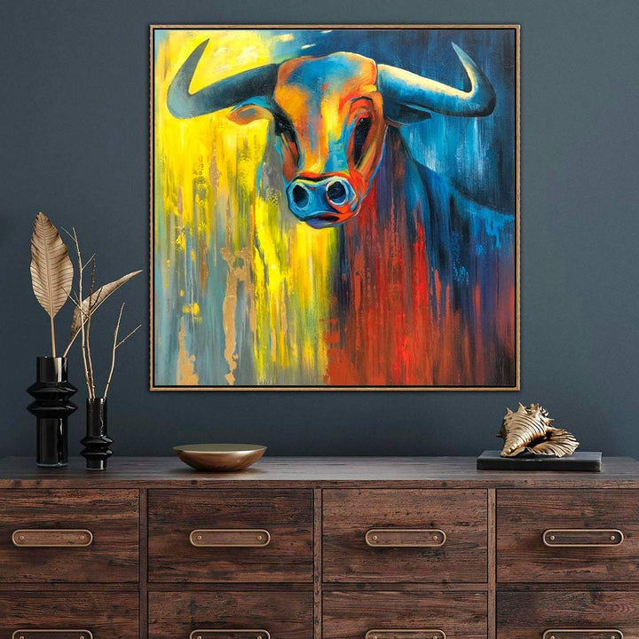 Multicolored impressionist bull painting on canvas: abstract original buffalo painting in red, blue, yellow animal wall art | EYES OF BEAUTY - trendgallery.ca