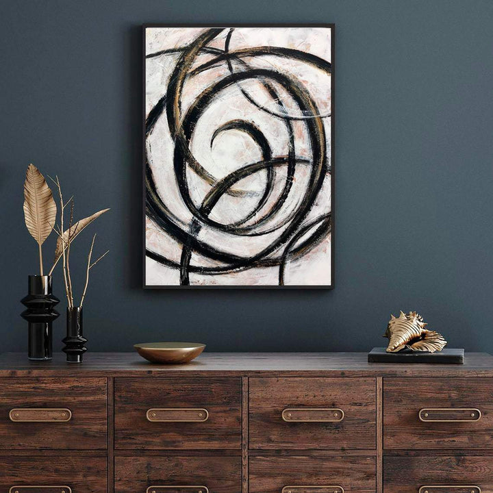 Curved lines minimalist original oil painting on canvas: abstract modern art in black, white, beige, brown for home and office wall decor | LIFE CYCLE - trendgallery.ca