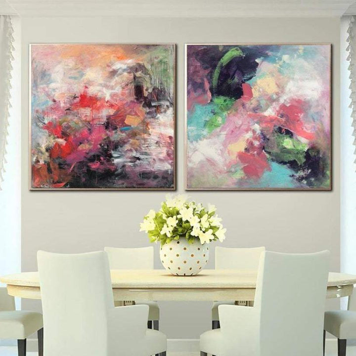 Large Set of 2 Paintings Abstract Colorful Wall Art Canvas Vibrant Art Splash Wall Art Diptych Painting Hand Painted Art | SPLASH OF FLOWERS