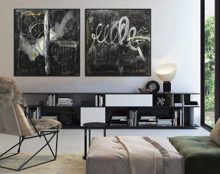 Large Abstract Oil Paintings Canvas Set of 2 Wall Art Black And White Wall Art Diptych Artwork Contemporary Art Dark Painting | MAGIC WANDS