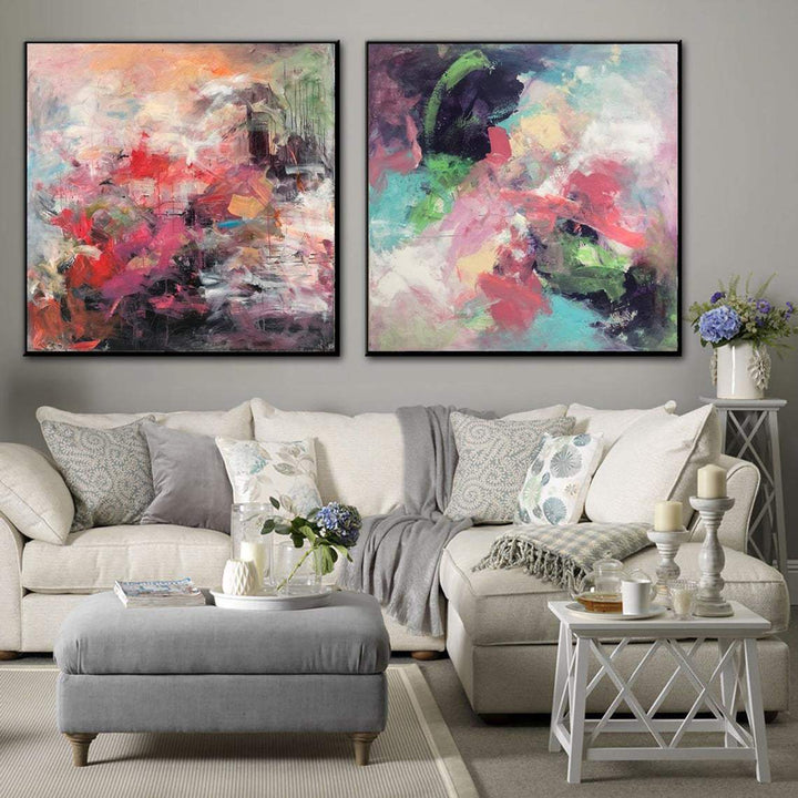 Large Set of 2 Paintings Abstract Colorful Wall Art Canvas Vibrant Art Splash Wall Art Diptych Painting Hand Painted Art | SPLASH OF FLOWERS