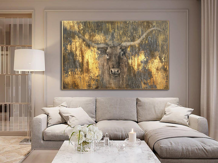 Original Bull Painting Canvas Gold Foil Artwork Animal Wall Art Longhorn Painting Textured Oil Painting Modern Hand Painted Art | OX - trendgallery.ca