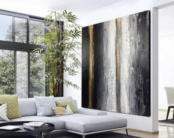 Black and White Artworks on Canvas Gray Modern Painting Gold Leaf Art Oversized Painting Minimalist Wall Art Decor Canvas Painting | GOLD ROAD - trendgallery.ca