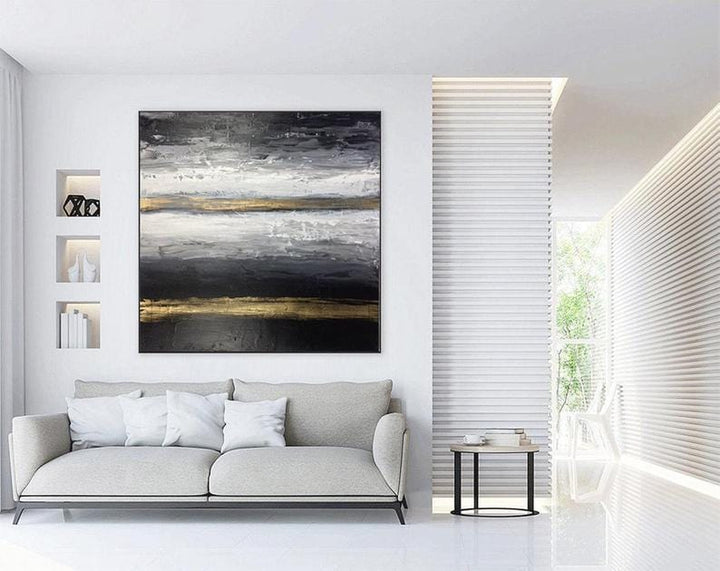 Square Black And White Original Artwork Abstract Canvas Modern Wall Art Gold Decor On Canvas Oil Abstract Artwork | GOLD ROAD - trendgallery.ca