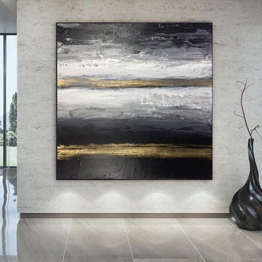 Square Black And White Original Artwork Abstract Canvas Modern Wall Art Gold Decor On Canvas Oil Abstract Artwork | GOLD ROAD - trendgallery.ca