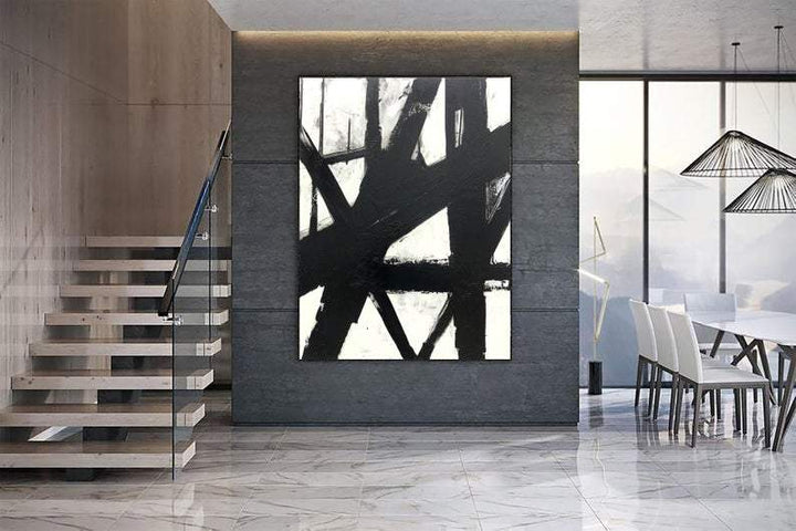 Large Framed Canvas Black White Oil Painting Line Wall Art Franz Kline style Canvas Artwork Texture Painting | MANHATTAN - trendgallery.ca