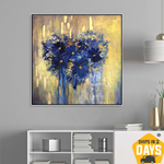 Blue And Gold Painting Abstract Flower Paintings On Canvas Original Modern Paintings Living Room | FLOWER HEART 46"x46"