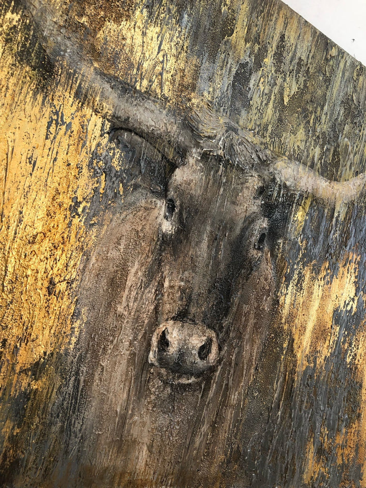 Original Bull Painting Canvas Gold Foil Artwork Animal Wall Art Longhorn Painting Textured Oil Painting Modern Hand Painted Art | OX - trendgallery.ca
