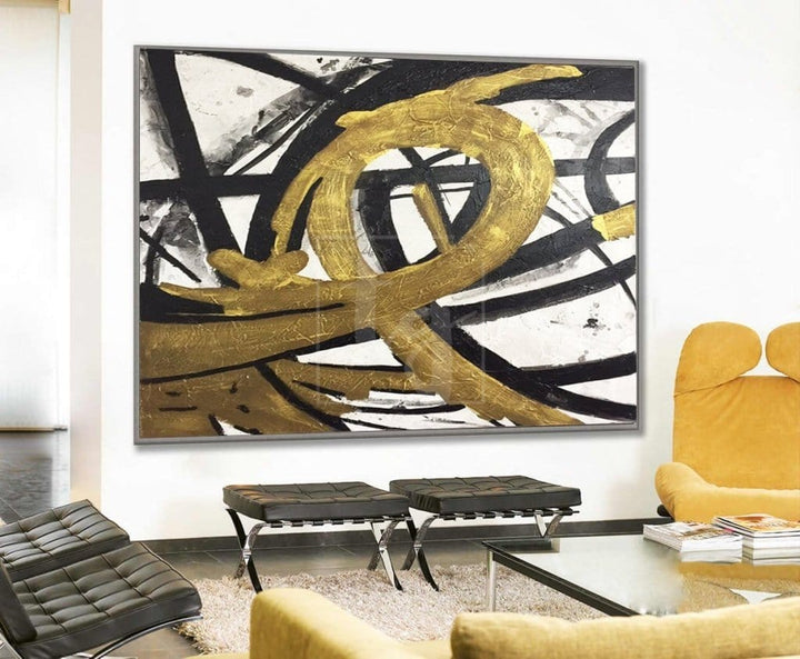 Large Abstract Canvas Gold Painting Black Painting White Abstract Painting | LOOP OF INFINITY