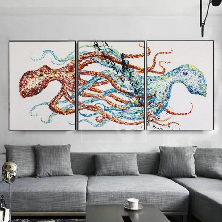 Octopus Painting Set Of 3 Abstract Paintings On Canvas Triptych Octopus Artwork | RECIPROCITY