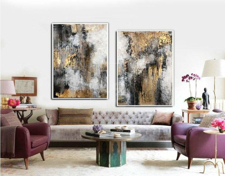 Original Set Of 2 Painting On Canvas Modern Gold Leaf Painting Abstract Artwork | ENERGY FLOWS - trendgallery.ca