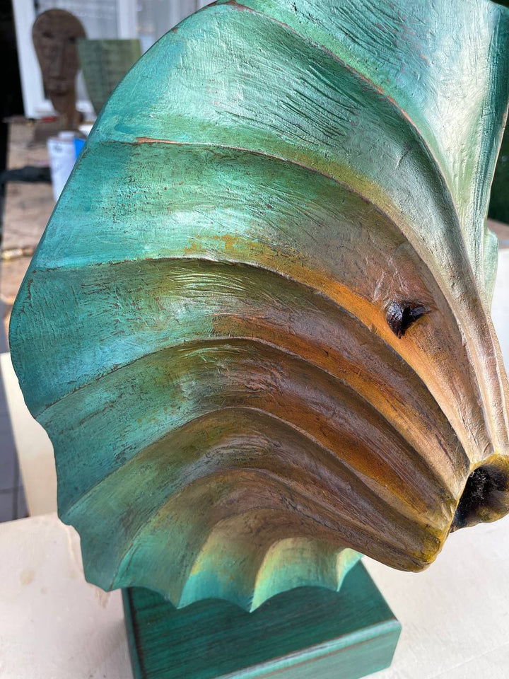 Original Oval Wood Sculpture Abstract Green Table Statue Modern Desktop Art Wood Desktop Art | DORMANT VOLCANO 15.8"x7.8" - Trend Gallery Art | Original Abstract Paintings