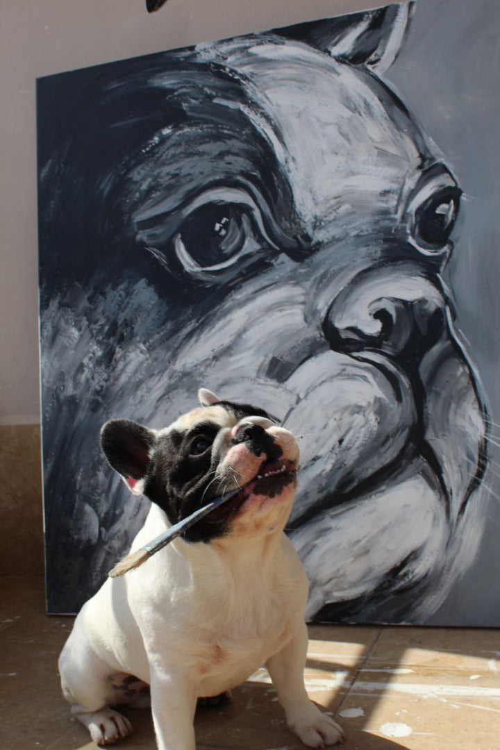 Abstract Bulldog Painting On Canvas Monochrome Dog Creative Animal Artwork Original French Bulldog Oil Painting for Room Decor | BULLDOG BENNY