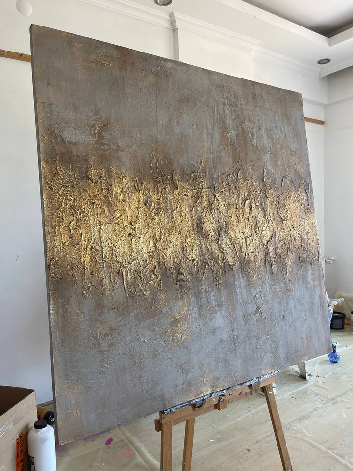 Abstract Gray And Gold Paintings On Canvas, Rich Textured Gold Leaf Art, Contemporary Art Oil Painting Original Wall Hanging Decor for Home | HEAVENLY GOLD