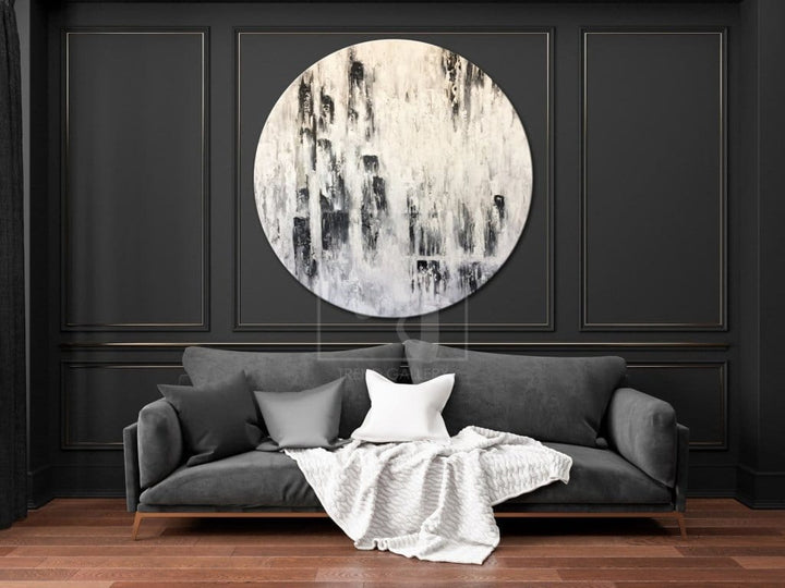 Round Large Original Abstract Painting Gray Abstract Black And White Canvas Art | RAIN DRAPE